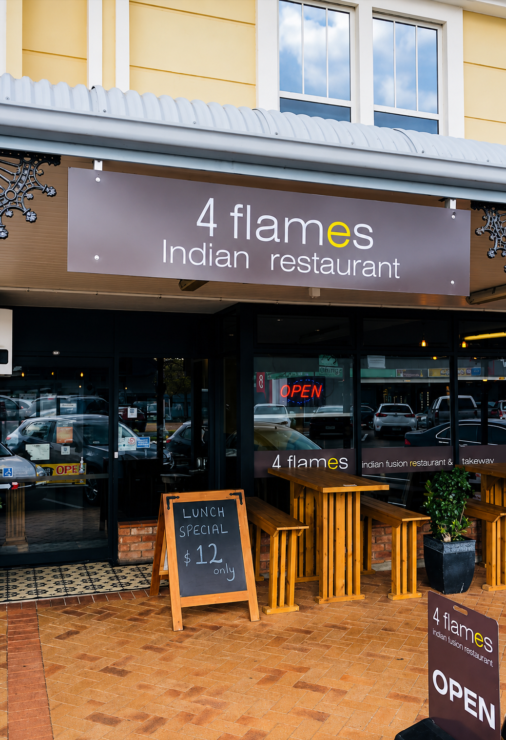 4 Flames Indian Restaurant storefront on Kimbolton Road, Feilding